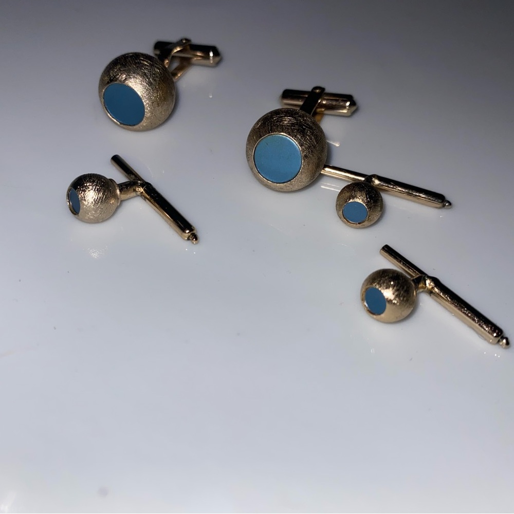Vintage par Christian Dior Cufflinks & 3 button studs goldtone break blue center